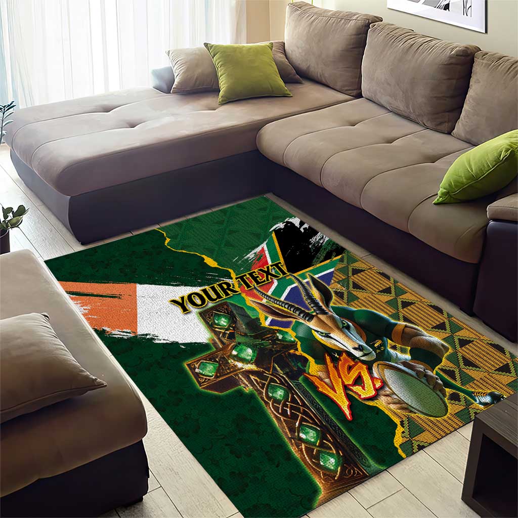 Personalized South Africa Versus Ireland Rugby Area Rug - Springbok Mascot, Celtic Cross Design