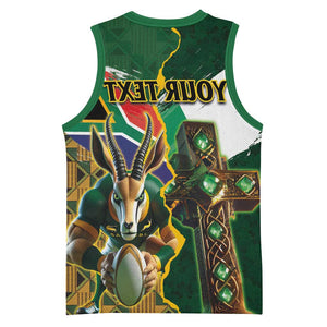 Personalized South Africa Versus Ireland Rugby Basketball Jersey - Springbok Mascot, Celtic Cross Design - African Pride