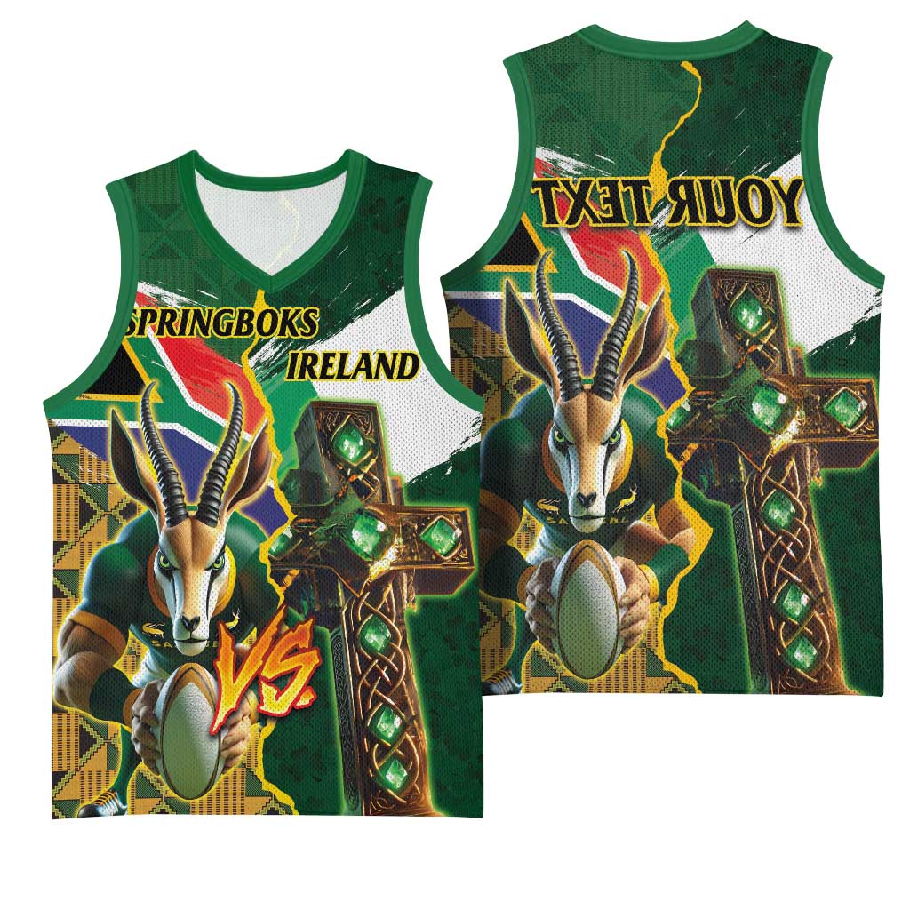 Personalized South Africa Versus Ireland Rugby Basketball Jersey - Springbok Mascot, Celtic Cross Design - African Pride