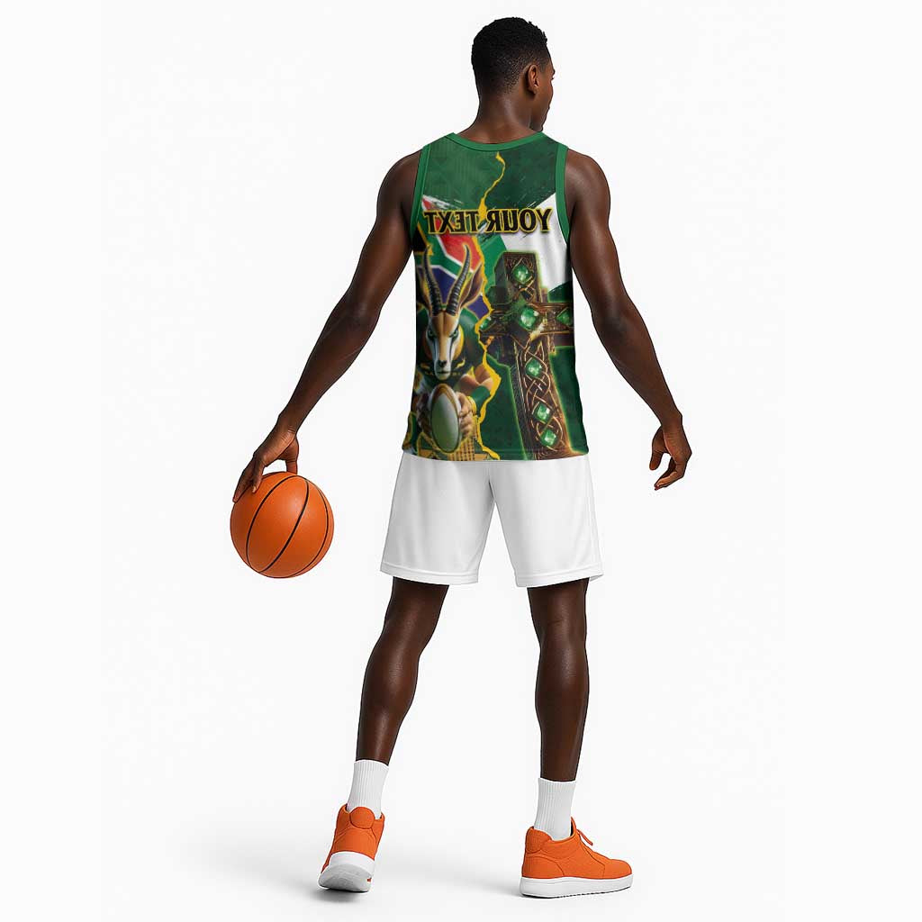Personalized South Africa Versus Ireland Rugby Basketball Jersey - Springbok Mascot, Celtic Cross Design - African Pride