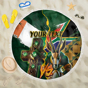Personalized South Africa Versus Ireland Rugby Beach Blanket - Springbok Mascot, Celtic Cross Design