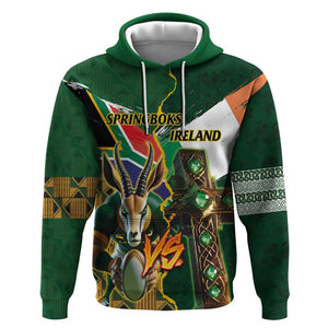 Personalized South Africa Versus Ireland Rugby Hoodie - Springbok Mascot, Celtic Cross Design