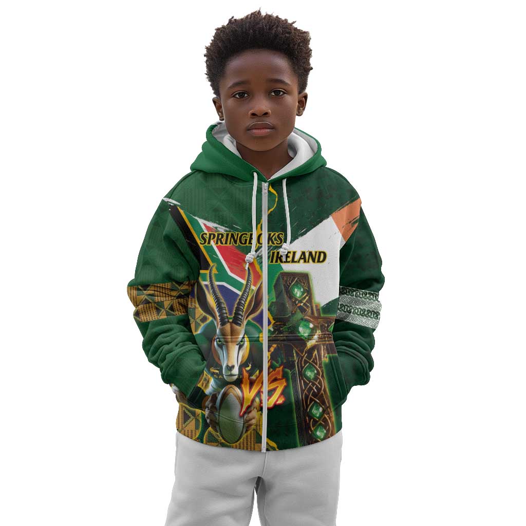 Personalized South Africa Versus Ireland Rugby Kid Hoodie - Springbok Mascot, Celtic Cross Design