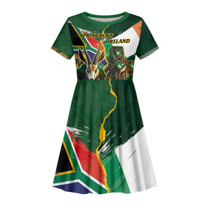 Personalized South Africa Versus Ireland Rugby Kid Short Sleeve Dress - Springbok Mascot, Celtic Cross Design