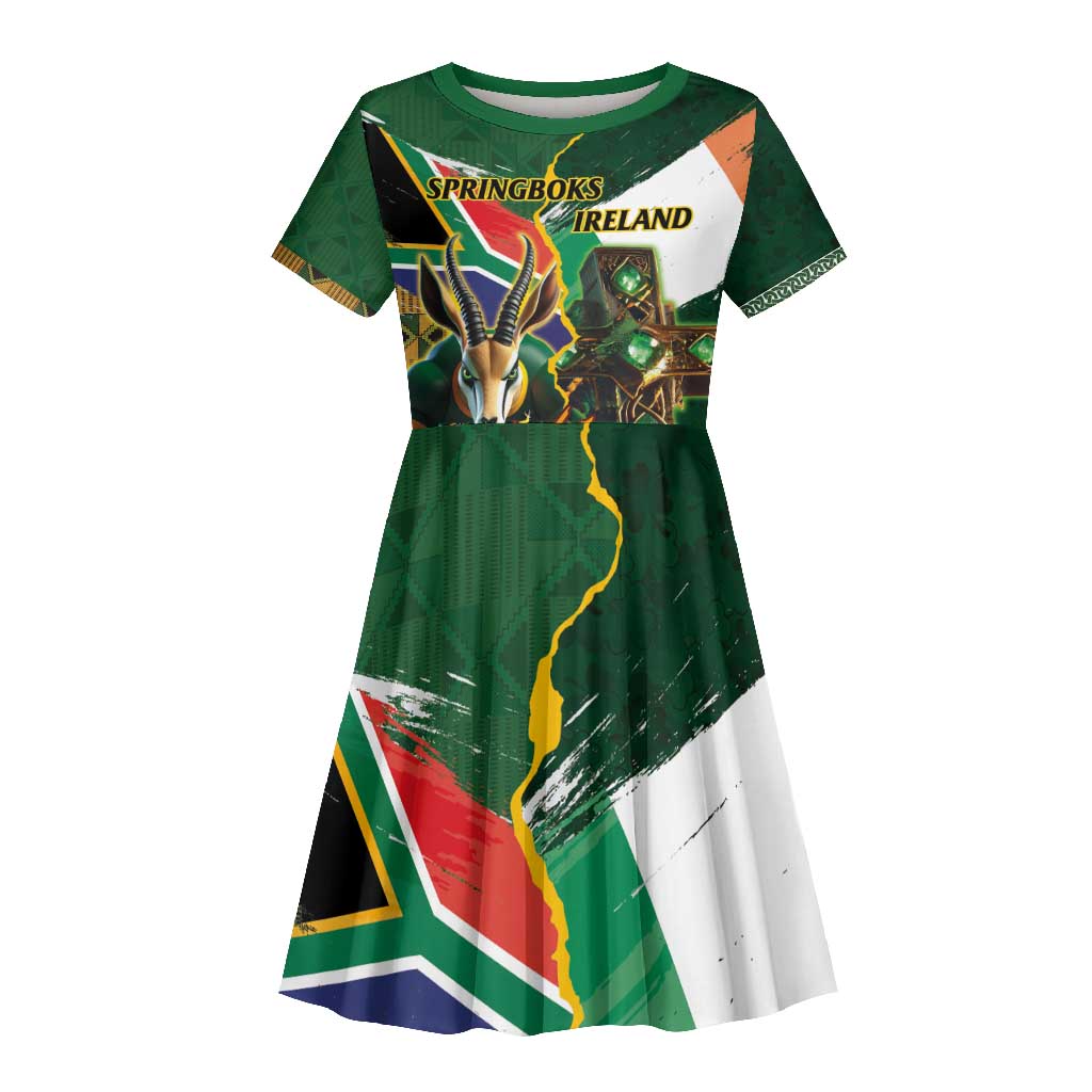 Personalized South Africa Versus Ireland Rugby Kid Short Sleeve Dress - Springbok Mascot, Celtic Cross Design