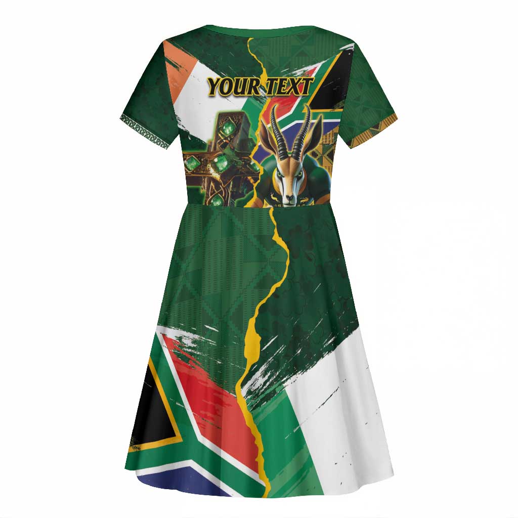 Personalized South Africa Versus Ireland Rugby Kid Short Sleeve Dress - Springbok Mascot, Celtic Cross Design