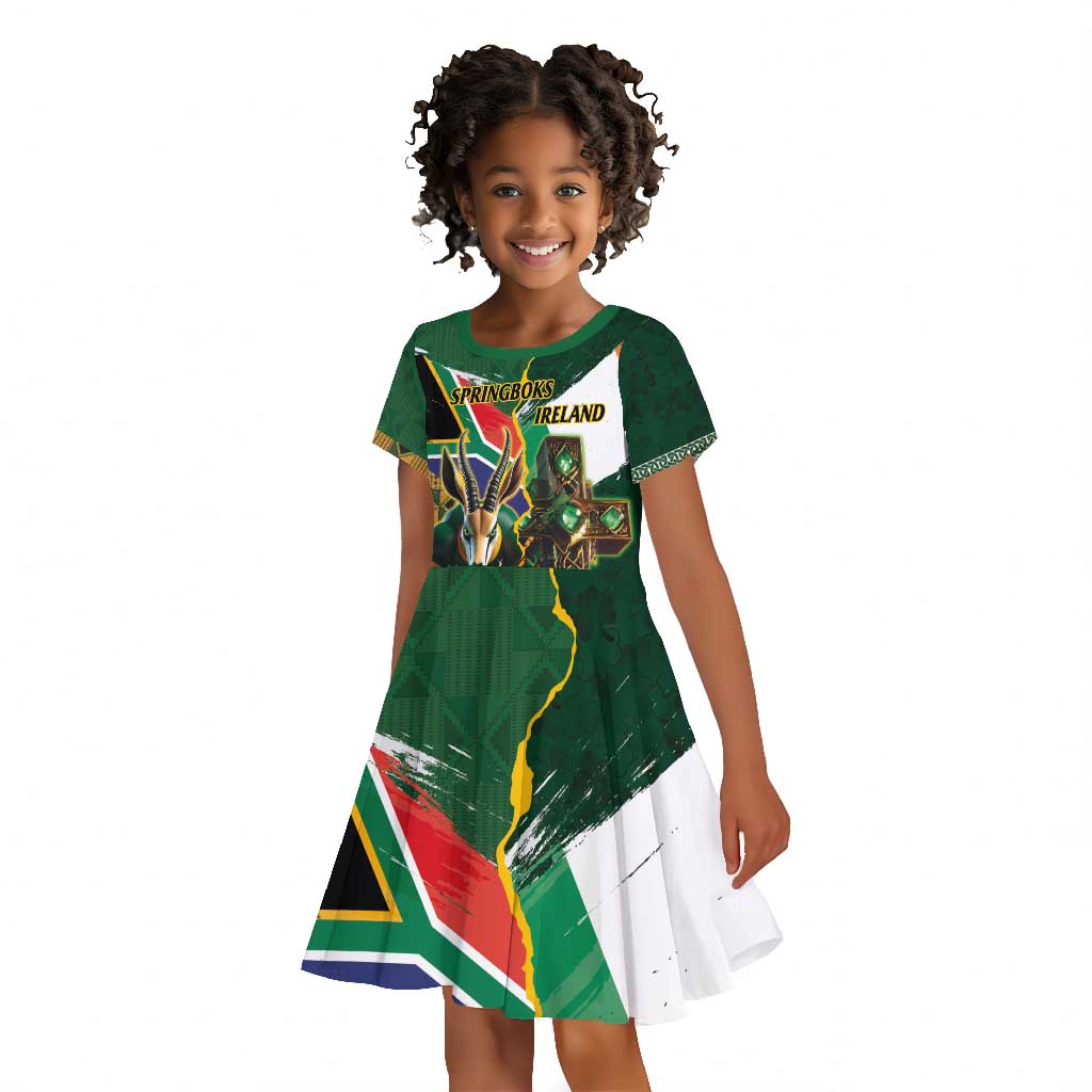 Personalized South Africa Versus Ireland Rugby Kid Short Sleeve Dress - Springbok Mascot, Celtic Cross Design
