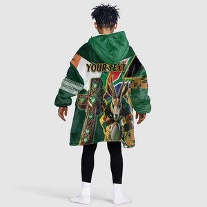 Personalized South Africa Versus Ireland Rugby KId Wearable Blanket Hoodie - Springbok Mascot, Celtic Cross Design