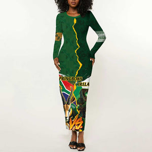 Personalized South Africa Versus Ireland Rugby Long Sleeve Bodycon Dress - Springbok Mascot, Celtic Cross Design LT03