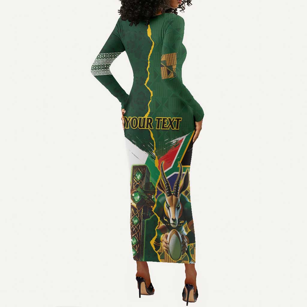 Personalized South Africa Versus Ireland Rugby Long Sleeve Bodycon Dress - Springbok Mascot, Celtic Cross Design LT03