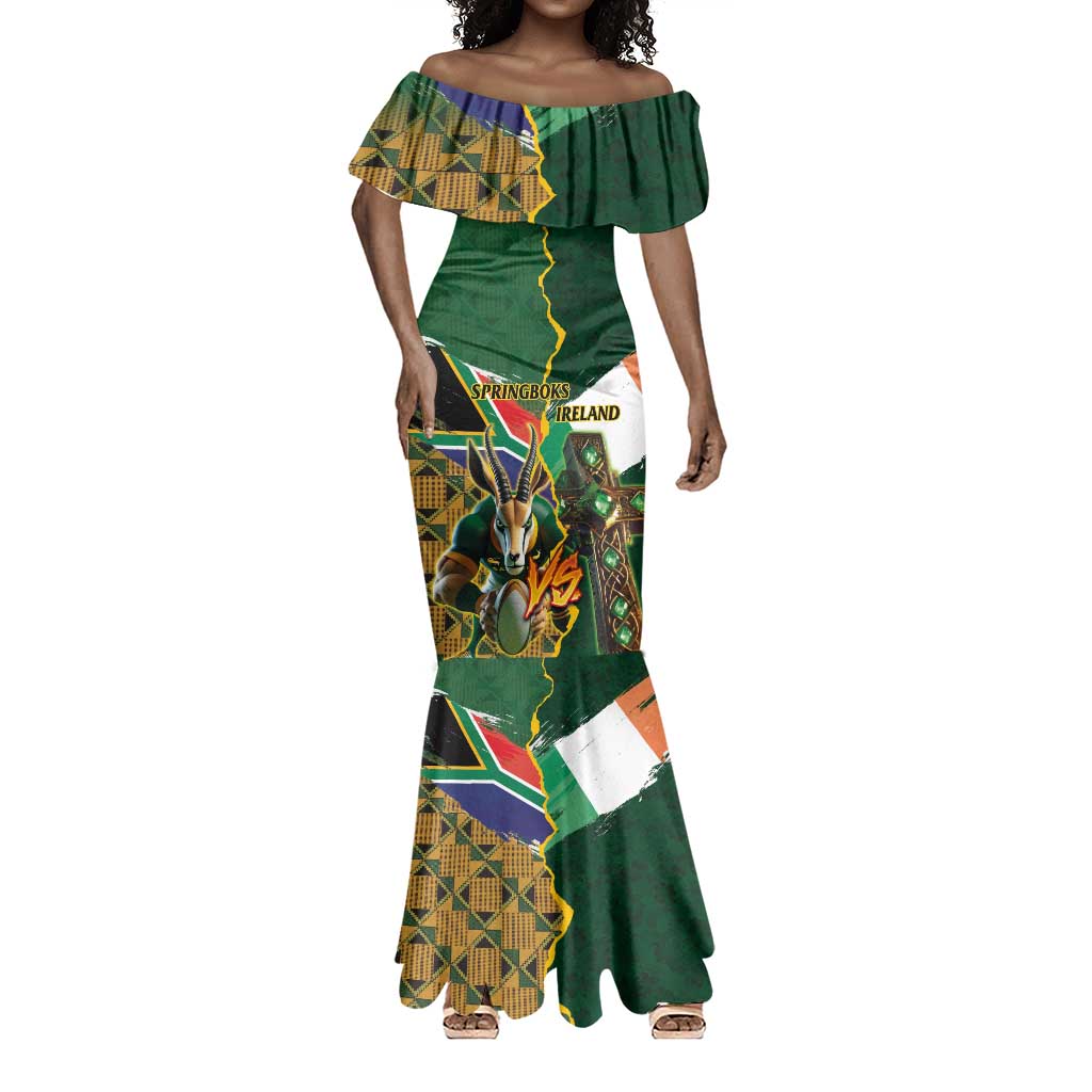 Personalized South Africa Versus Ireland Rugby Mermaid Dress - Springbok Mascot, Celtic Cross Design