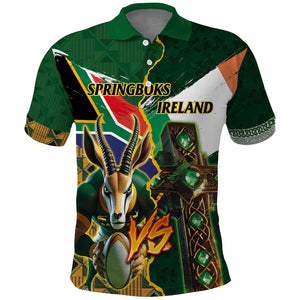 Personalized South Africa Versus Ireland Rugby Polo Shirt - Springbok Mascot, Celtic Cross Design