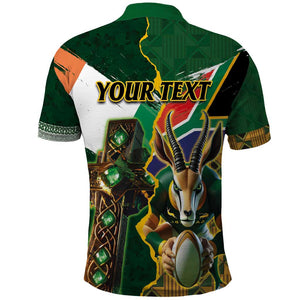 Personalized South Africa Versus Ireland Rugby Polo Shirt - Springbok Mascot, Celtic Cross Design