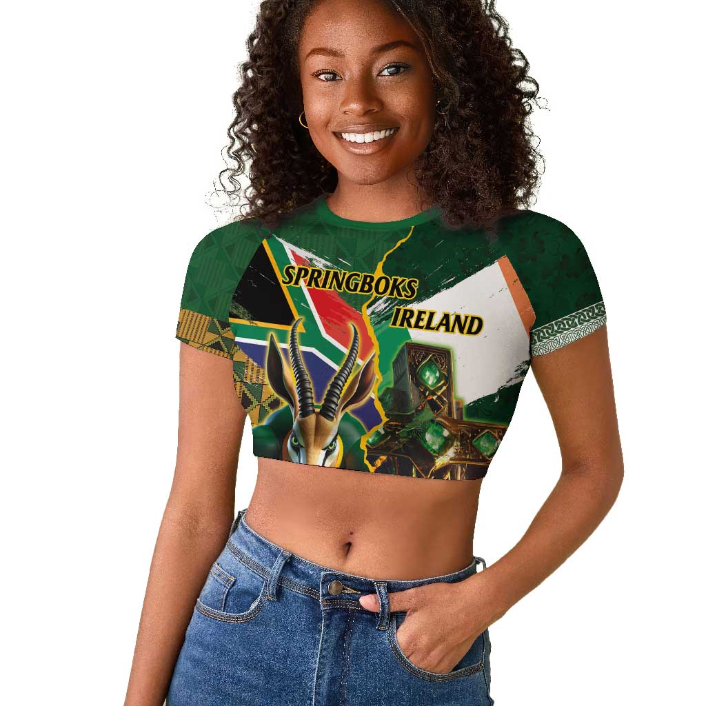 Personalized South Africa Versus Ireland Rugby Raglan Cropped T shirt - Springbok Mascot, Celtic Cross Design