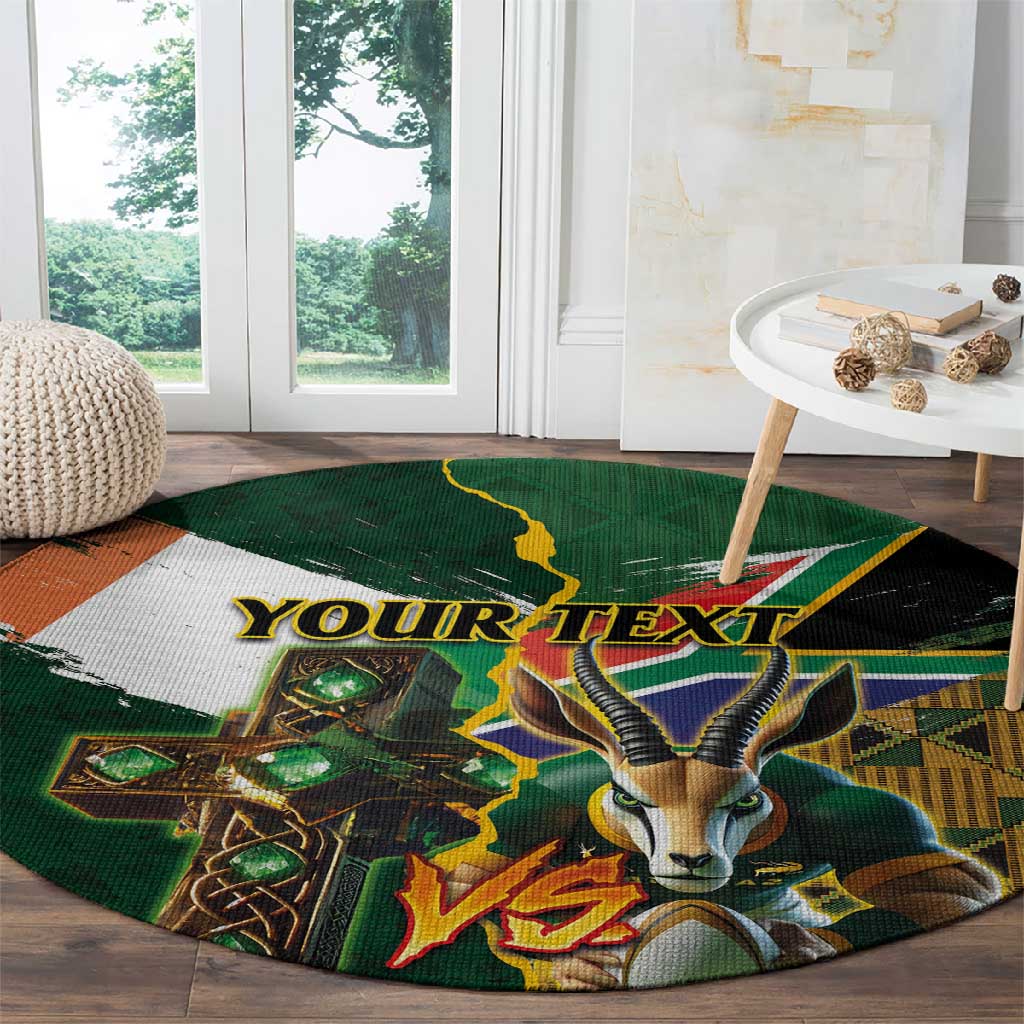 Personalized South Africa Versus Ireland Rugby Round Carpet - Springbok Mascot, Celtic Cross Design