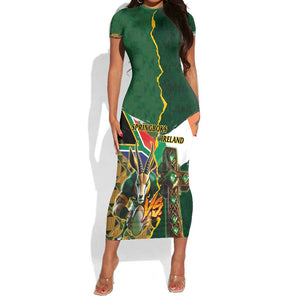 Personalized South Africa Versus Ireland Rugby Short Sleeve Bodycon Dress - Springbok Mascot, Celtic Cross Design LT03