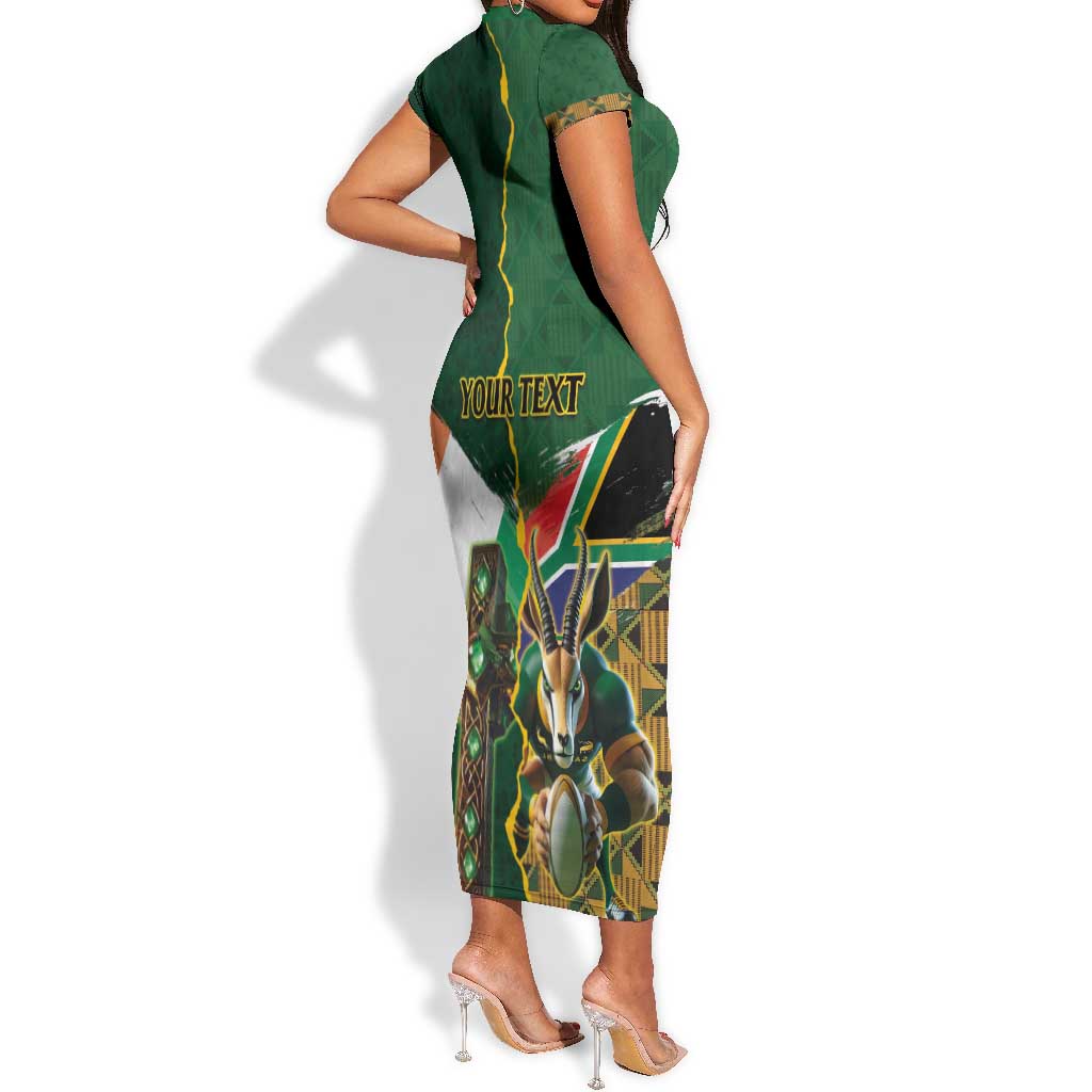 Personalized South Africa Versus Ireland Rugby Short Sleeve Bodycon Dress - Springbok Mascot, Celtic Cross Design LT03