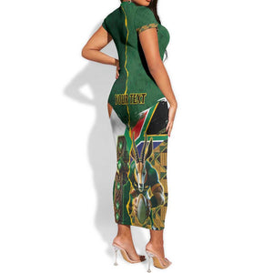 Personalized South Africa Versus Ireland Rugby Short Sleeve Bodycon Dress - Springbok Mascot, Celtic Cross Design LT03