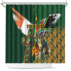 Personalized South Africa Versus Ireland Rugby Shower Curtain - Springbok Mascot, Celtic Cross Design