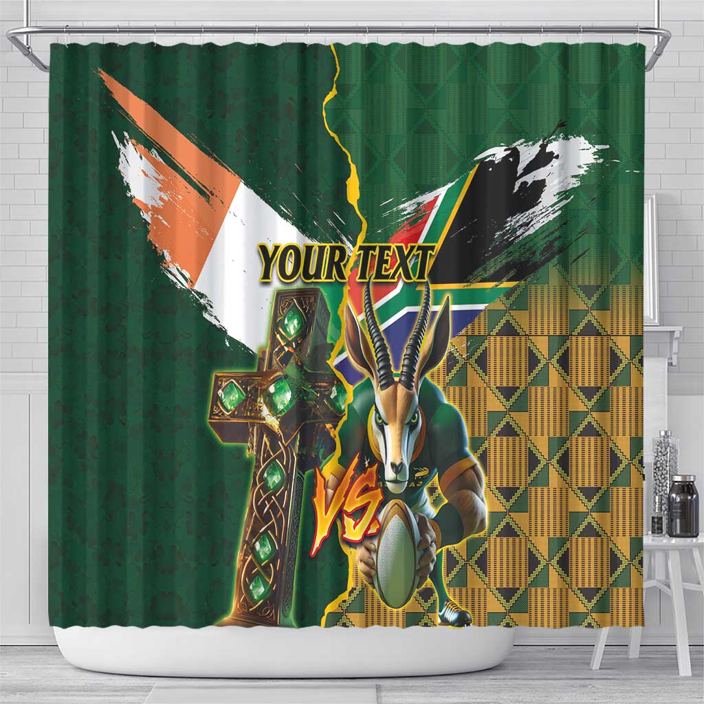 Personalized South Africa Versus Ireland Rugby Shower Curtain - Springbok Mascot, Celtic Cross Design