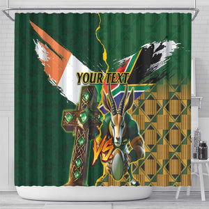 Personalized South Africa Versus Ireland Rugby Shower Curtain - Springbok Mascot, Celtic Cross Design