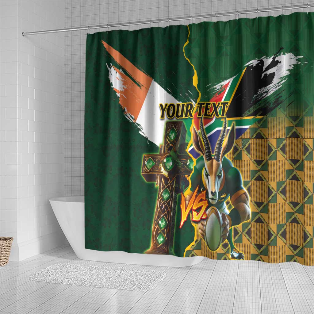 Personalized South Africa Versus Ireland Rugby Shower Curtain - Springbok Mascot, Celtic Cross Design