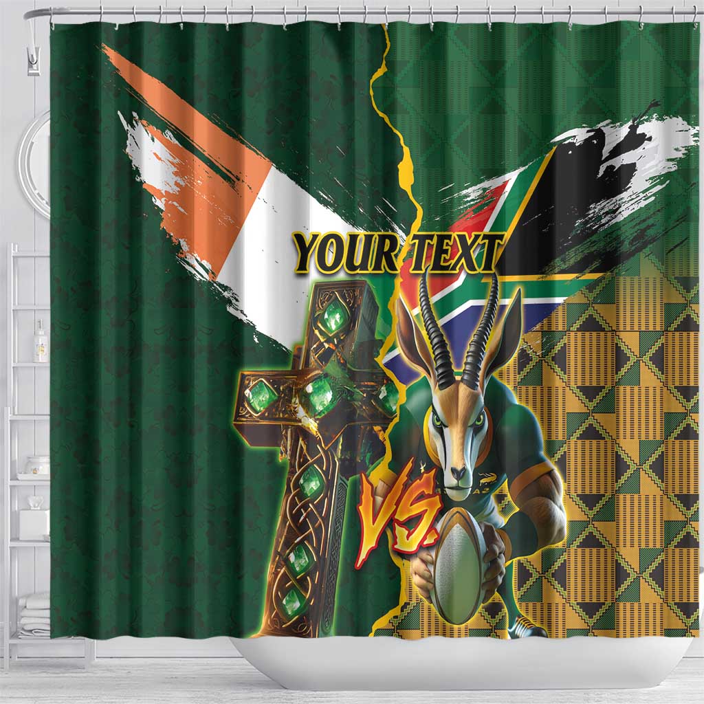 Personalized South Africa Versus Ireland Rugby Shower Curtain - Springbok Mascot, Celtic Cross Design