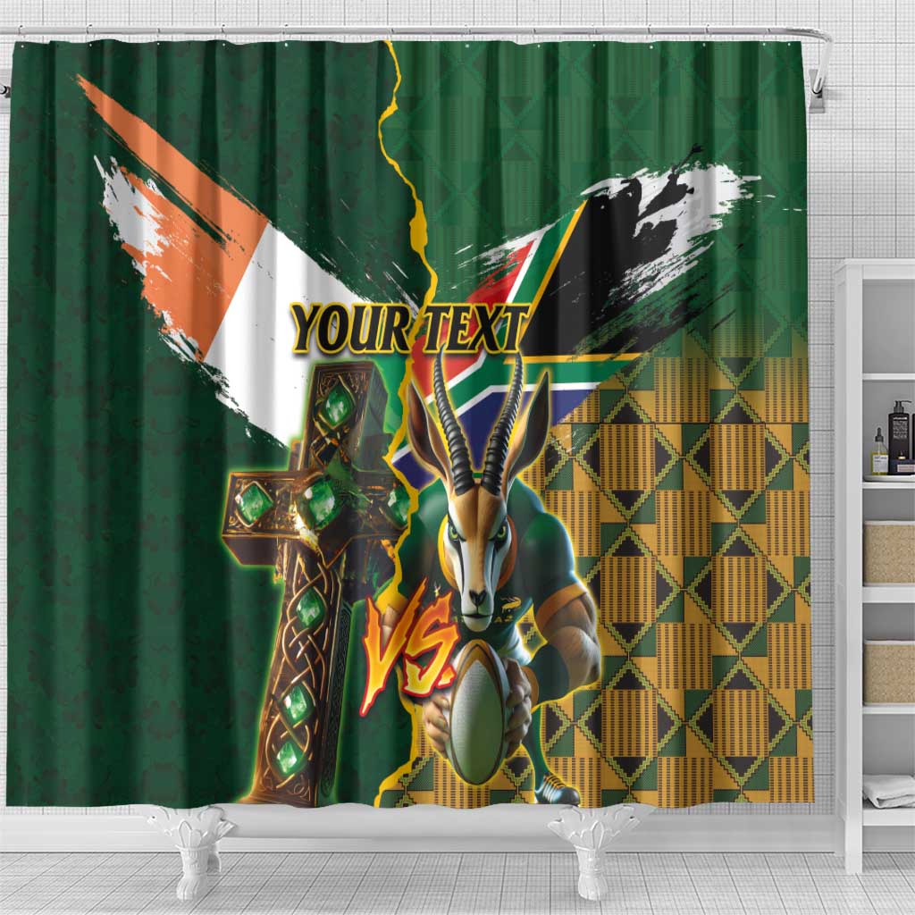 Personalized South Africa Versus Ireland Rugby Shower Curtain - Springbok Mascot, Celtic Cross Design
