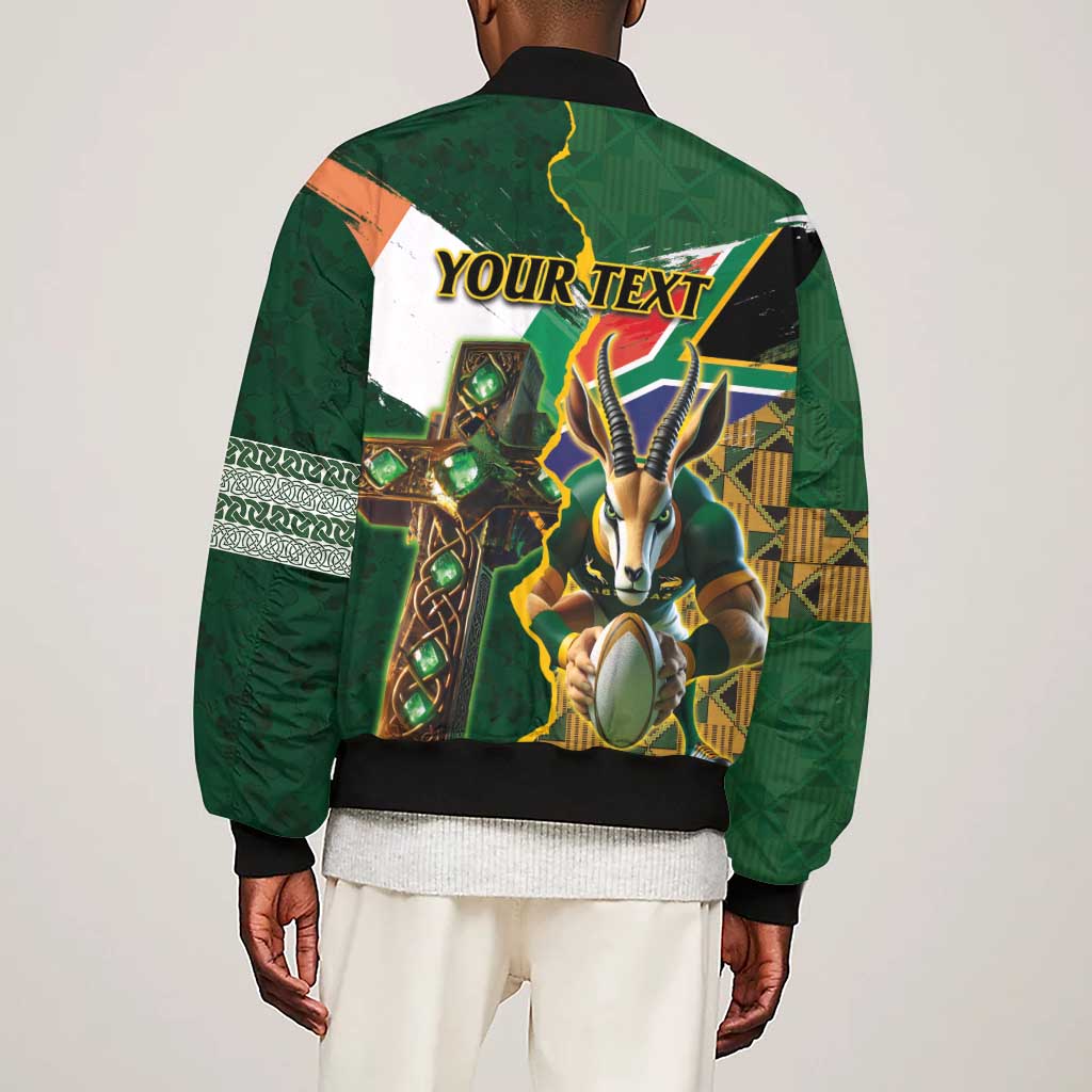 Personalized South Africa Versus Ireland Rugby Sleeve Zip Bomber Jacket - Springbok Mascot, Celtic Cross Design