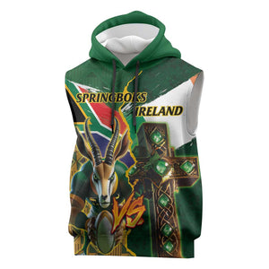 Personalized South Africa Versus Ireland Rugby Sleeveless Hoodie - Springbok Mascot, Celtic Cross Design - African Pride
