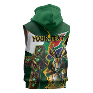 Personalized South Africa Versus Ireland Rugby Sleeveless Hoodie - Springbok Mascot, Celtic Cross Design - African Pride