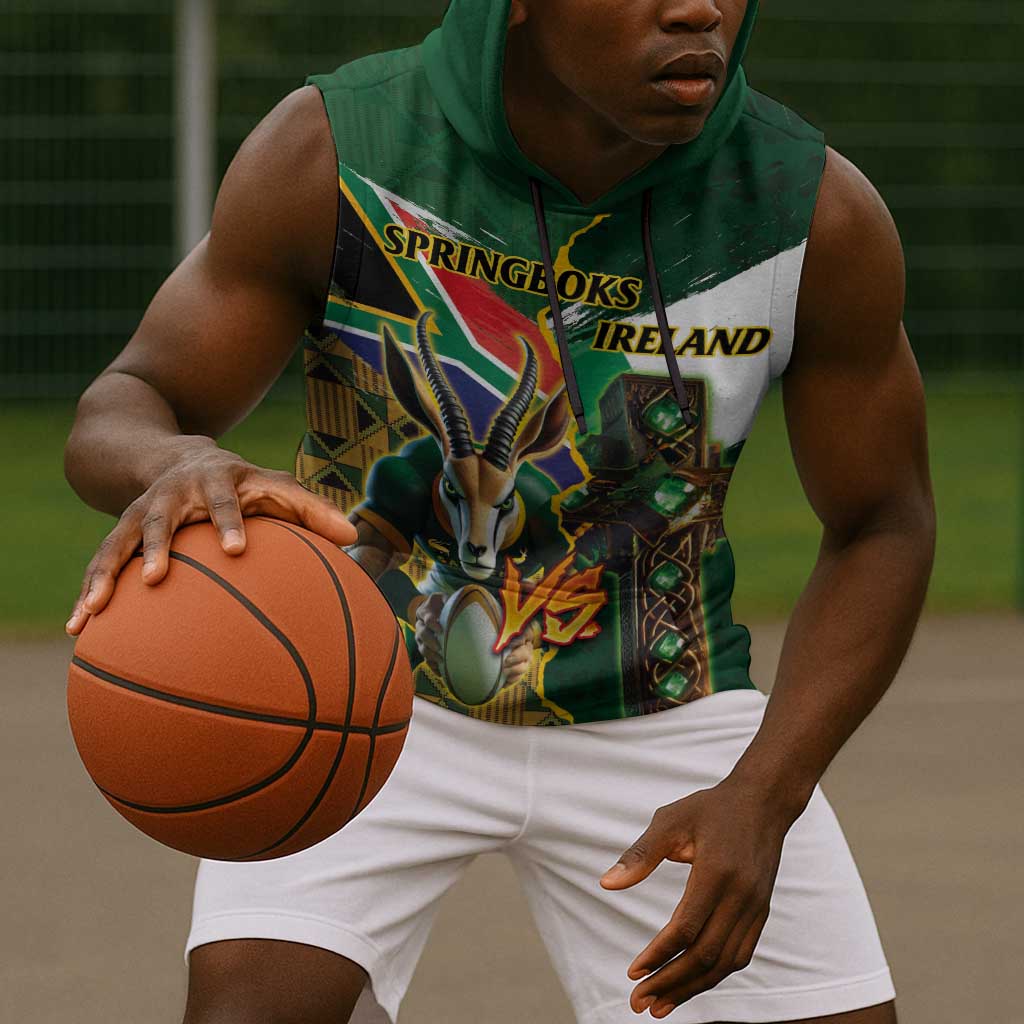 Personalized South Africa Versus Ireland Rugby Sleeveless Hoodie - Springbok Mascot, Celtic Cross Design - African Pride