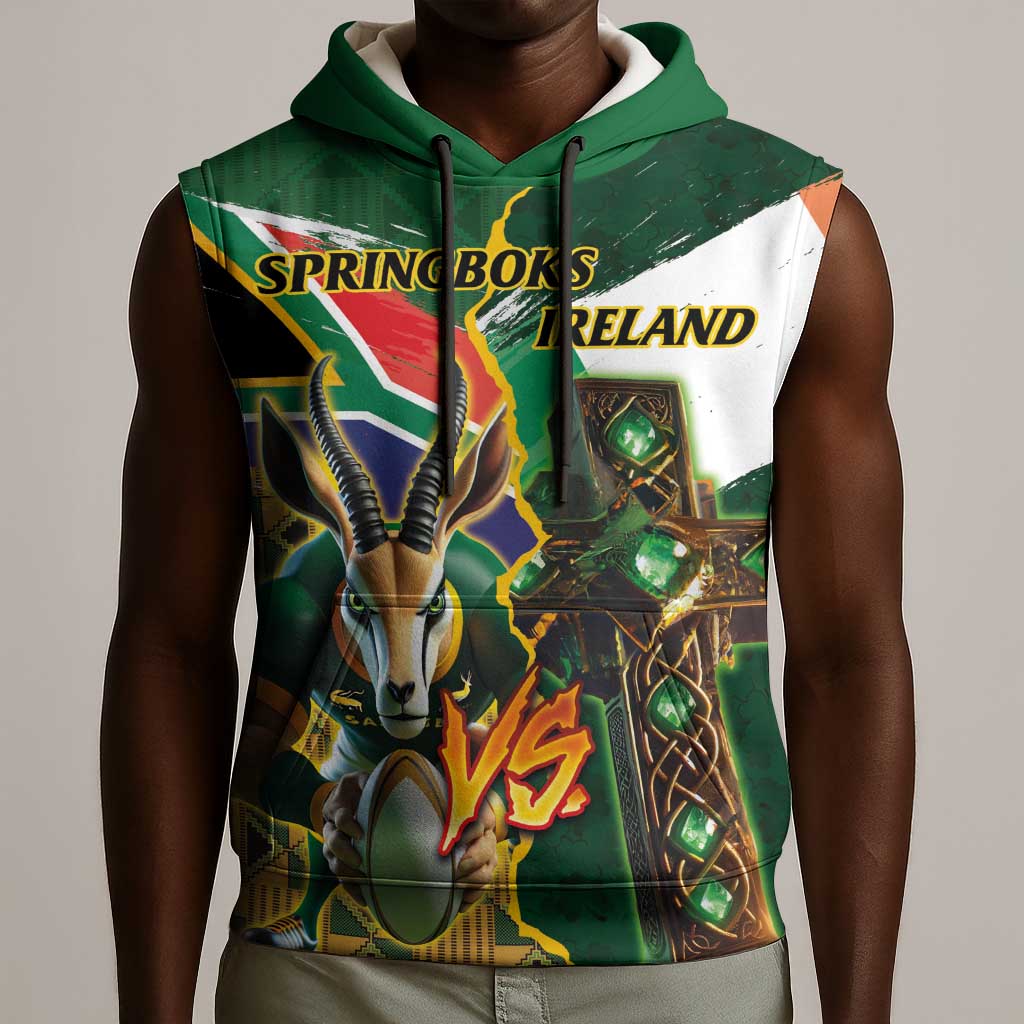 Personalized South Africa Versus Ireland Rugby Sleeveless Hoodie - Springbok Mascot, Celtic Cross Design - African Pride