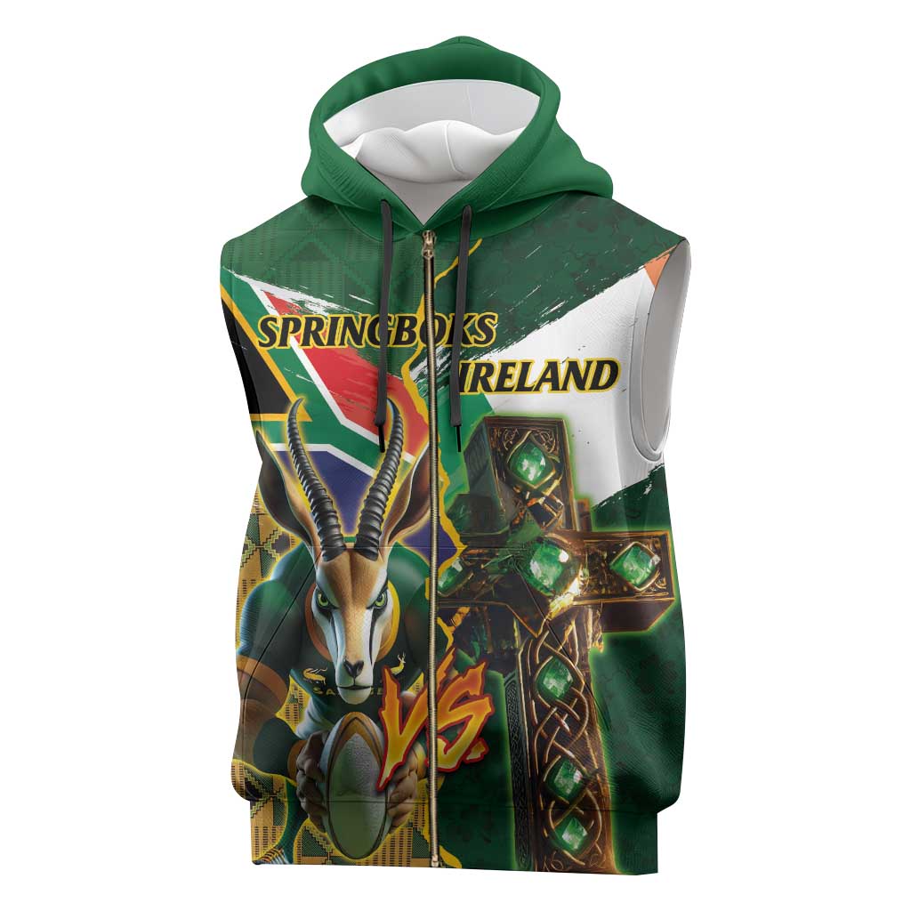 Personalized South Africa Versus Ireland Rugby Sleeveless Zip Hoodie - Springbok Mascot, Celtic Cross Design - African Pride