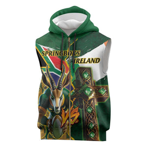Personalized South Africa Versus Ireland Rugby Sleeveless Zip Hoodie - Springbok Mascot, Celtic Cross Design - African Pride