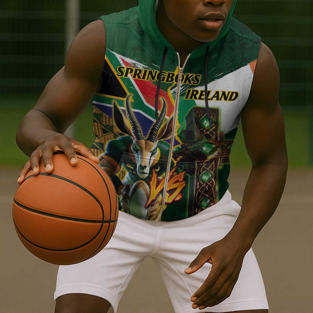 Personalized South Africa Versus Ireland Rugby Sleeveless Zip Hoodie - Springbok Mascot, Celtic Cross Design - African Pride
