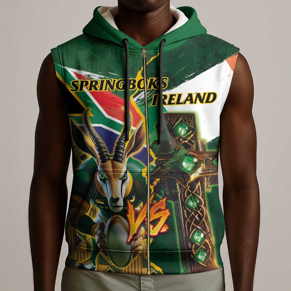 Personalized South Africa Versus Ireland Rugby Sleeveless Zip Hoodie - Springbok Mascot, Celtic Cross Design - African Pride