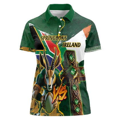 Personalized South Africa Versus Ireland Rugby Women Polo Shirt - Springbok Mascot, Celtic Cross Design