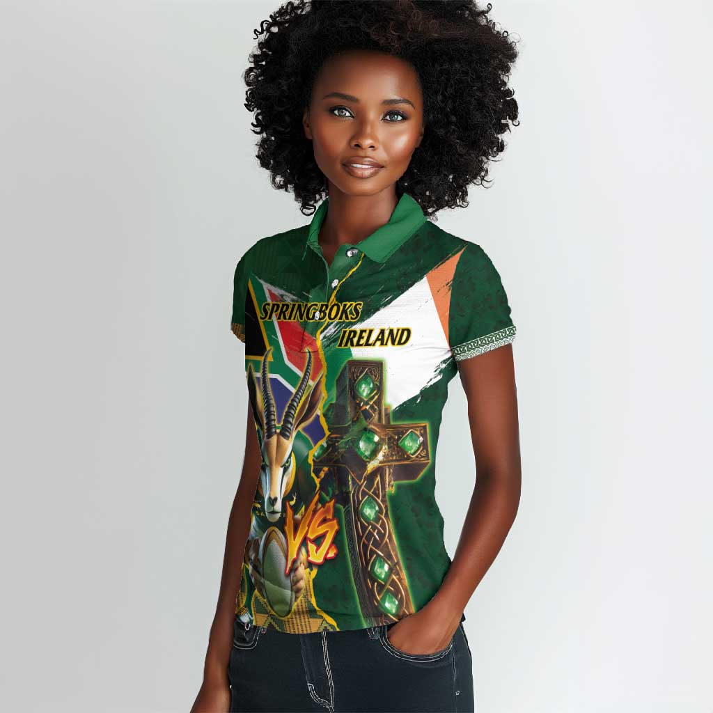 Personalized South Africa Versus Ireland Rugby Women Polo Shirt - Springbok Mascot, Celtic Cross Design