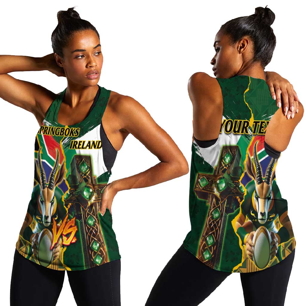 Personalized South Africa Versus Ireland Rugby Women Racerback Tank - Springbok Mascot, Celtic Cross Design