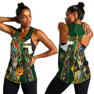 Personalized South Africa Versus Ireland Rugby Women Racerback Tank - Springbok Mascot, Celtic Cross Design