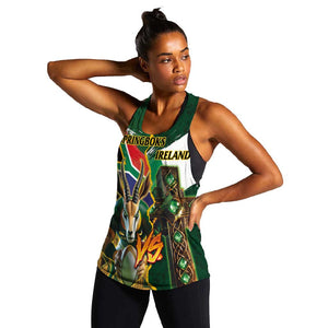 Personalized South Africa Versus Ireland Rugby Women Racerback Tank - Springbok Mascot, Celtic Cross Design