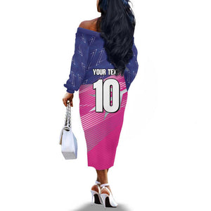 Custom Barbados Cricket Royals Off The Shoulder Long Sleeve Dress Trident Symbol-Sporty Style - African Pride