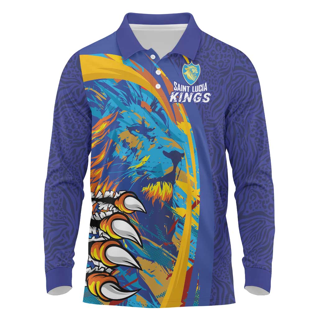 Custom Saint Lucia Cricket Kings Long Sleeve Polo Shirt Caribbean-Roar of Power Lions - African Pride