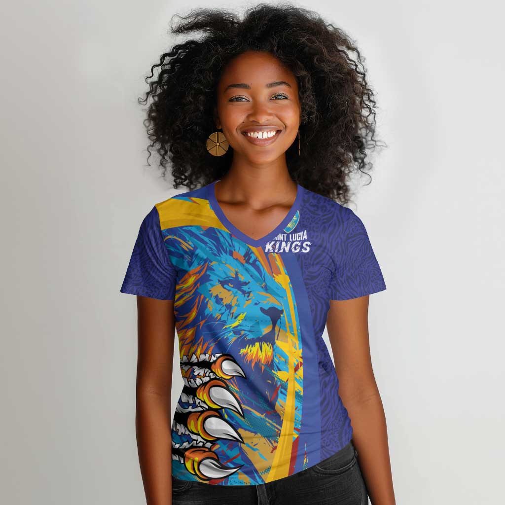 Custom Saint Lucia Cricket Kings Women V-Neck T-Shirt Caribbean-Roar of Power Lions - African Pride