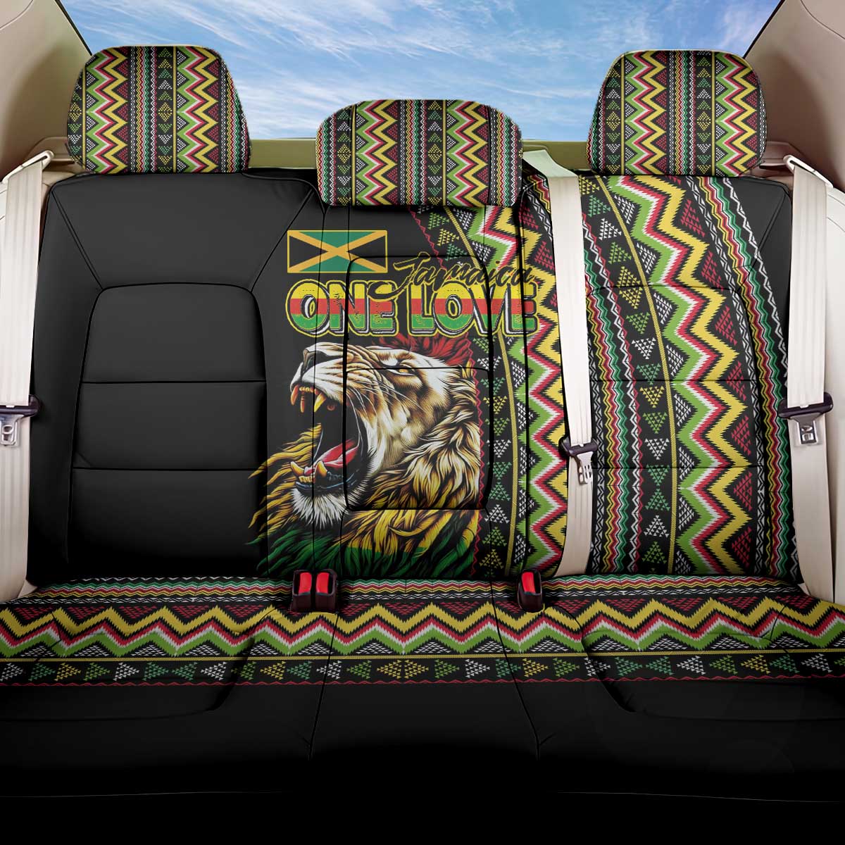 Jamaican Reggae-One Love Back Car Seat Cover Tribal African Pattern and Roaring Lion - African Pride