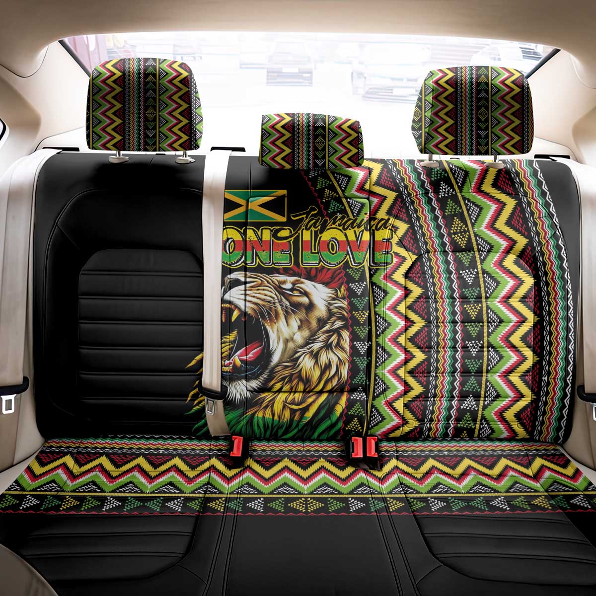 Jamaican Reggae-One Love Back Car Seat Cover Tribal African Pattern and Roaring Lion - African Pride