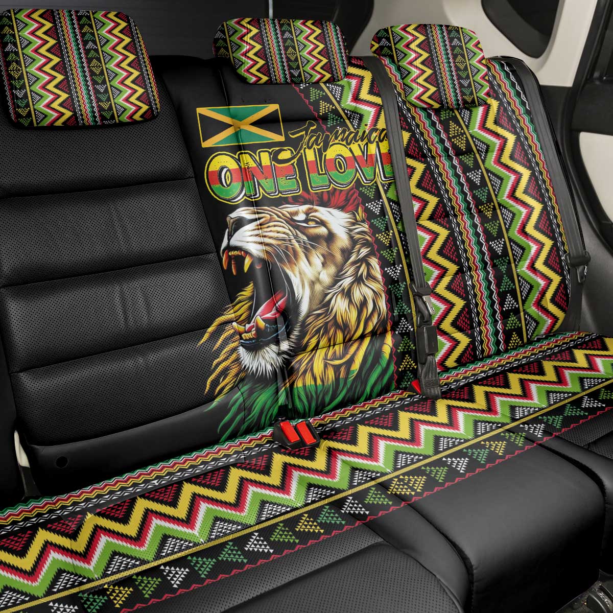 Jamaican Reggae-One Love Back Car Seat Cover Tribal African Pattern and Roaring Lion - African Pride