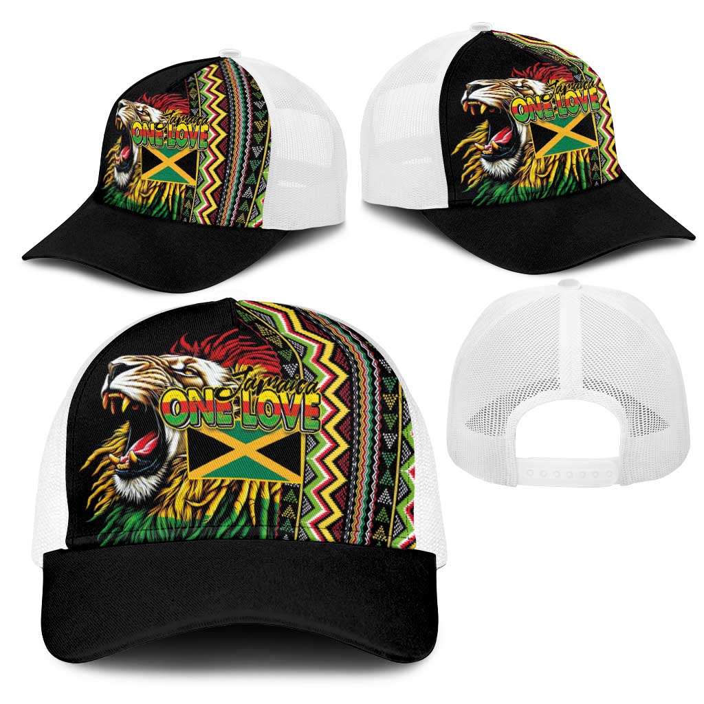 Jamaican Reggae-One Love Baseball Net Cap Tribal African Pattern and Roaring Lion - African Pride