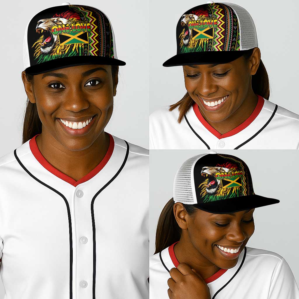 Jamaican Reggae-One Love Baseball Net Cap Tribal African Pattern and Roaring Lion - African Pride
